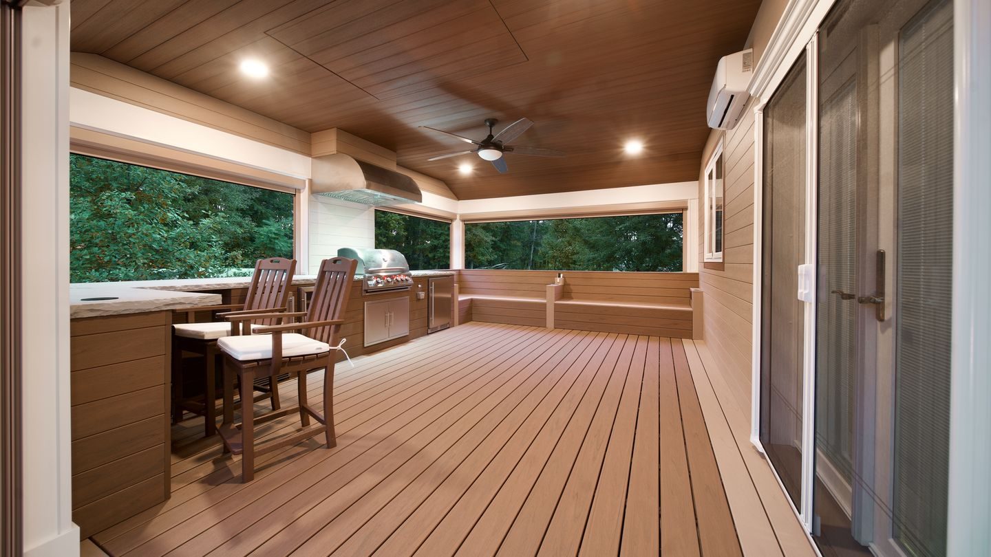 Aerial view of a deck and paver patio in the Hudson Valley