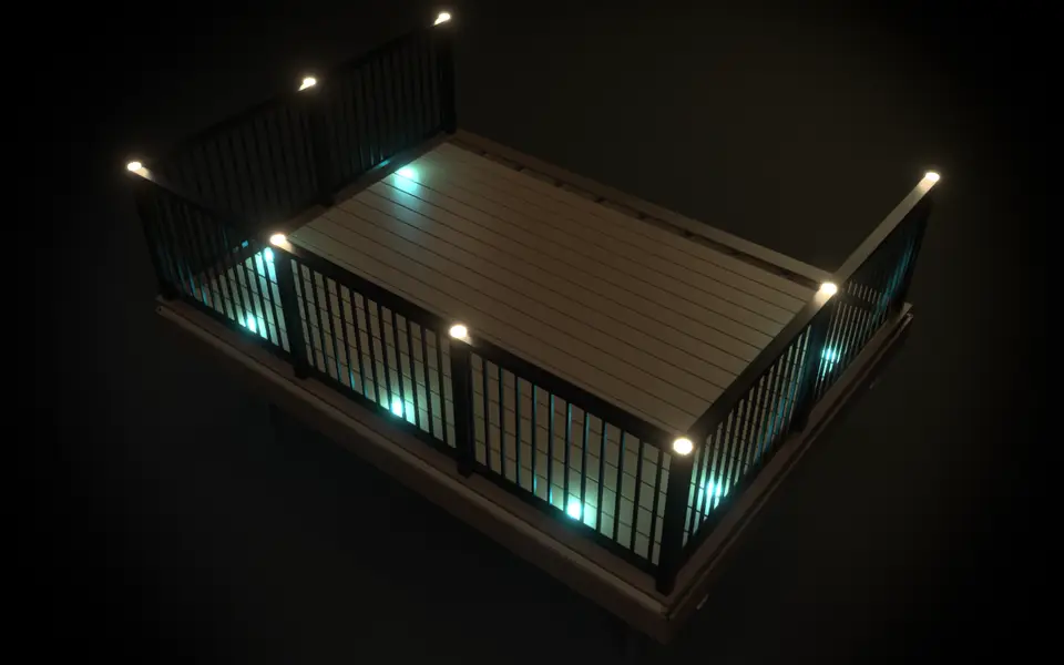 Exploded 3D view of a finished Pinnacle deck corner: helical piles, structural framing, picture-frame decking, hidden fasteners, railing and teal Haven LED deck lighting, fully assembled