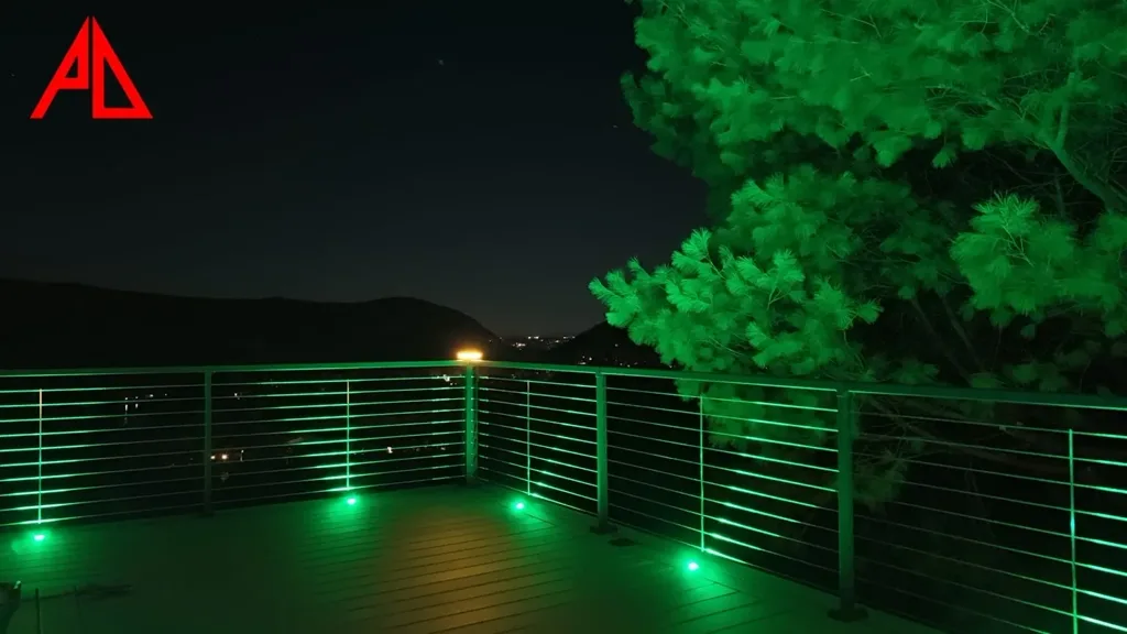 Cable railing deck lit at night