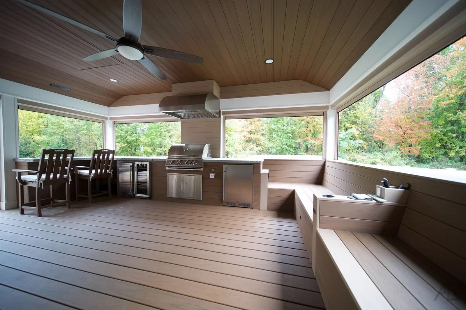 Premium composite deck and aluminum railing at dusk