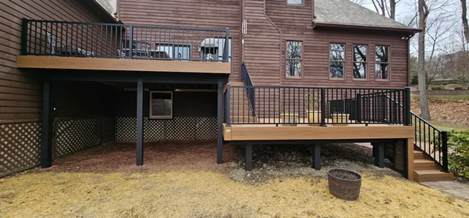 Framing and finish detail of an elevated composite deck