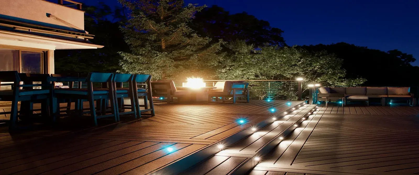 Trex Signature deck with firepit and night lighting