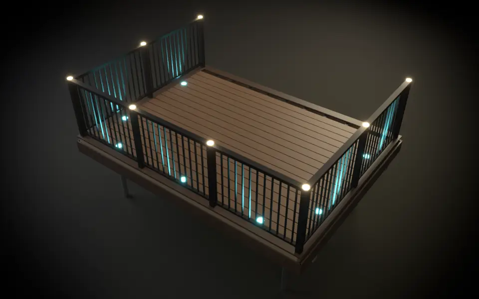 3D model of a finished deck corner on helical piles, with picture-frame decking, black railing and riser lights glowing at dusk