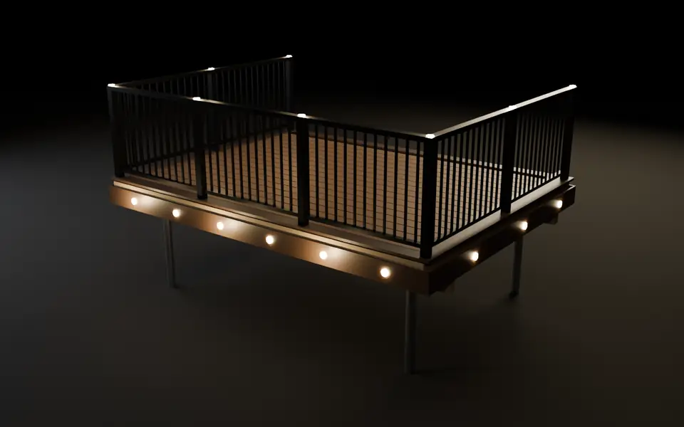 3D model of a finished deck corner on helical piles, with picture-frame decking, black railing and riser lights glowing at dusk