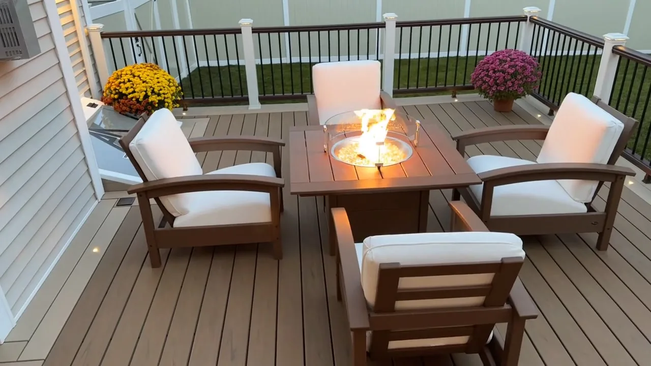 Fire table with styled seating on a composite deck at dusk