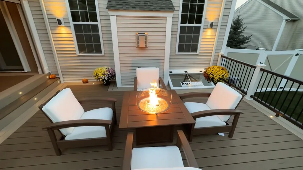 Dusk fire table with sconce-lit outdoor seating