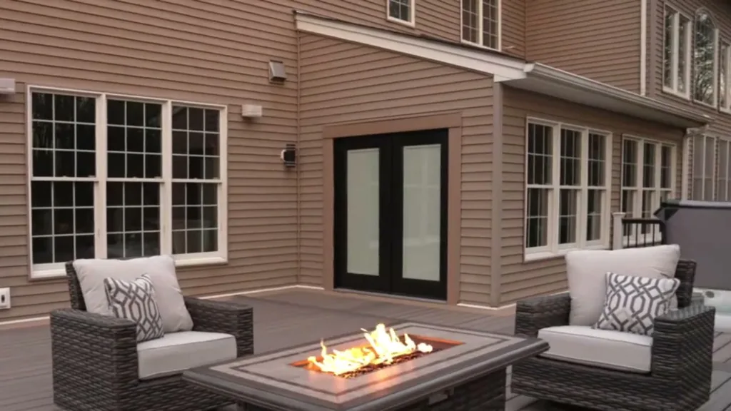 Two wicker armchairs beside a lit fire pit on a deck against beige siding