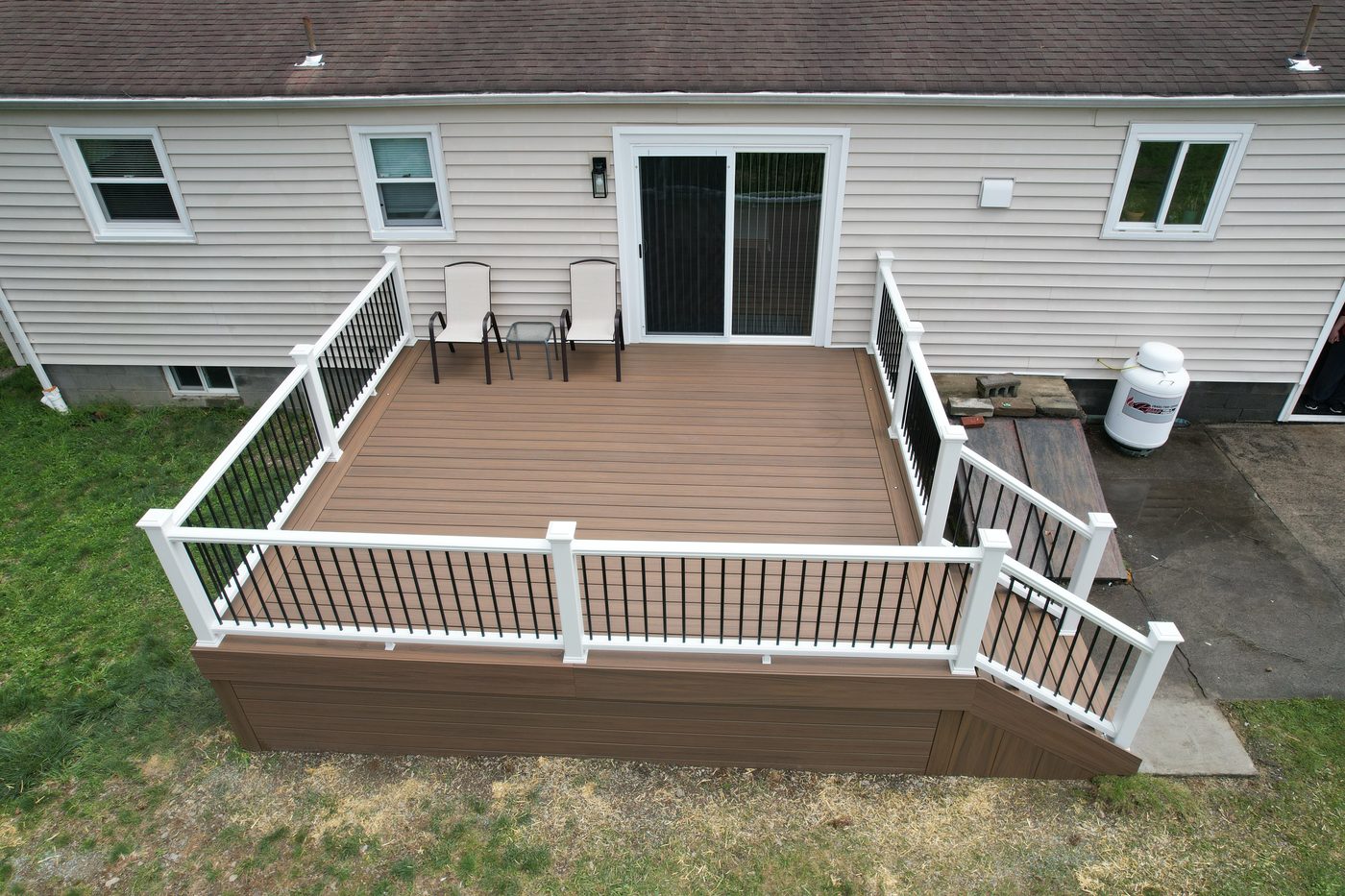 Trex composite deck with white and black aluminum railing, modern install — Pinnacle Decking Hudson Valley NY