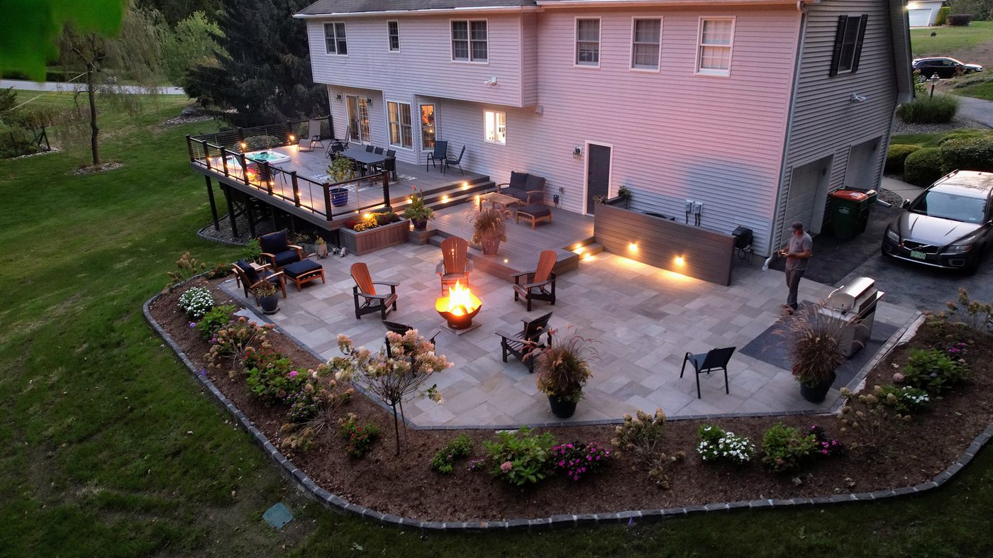Luxury estate outdoor living aerial with Trex deck and pool — Pinnacle Decking Hudson Valley NY
