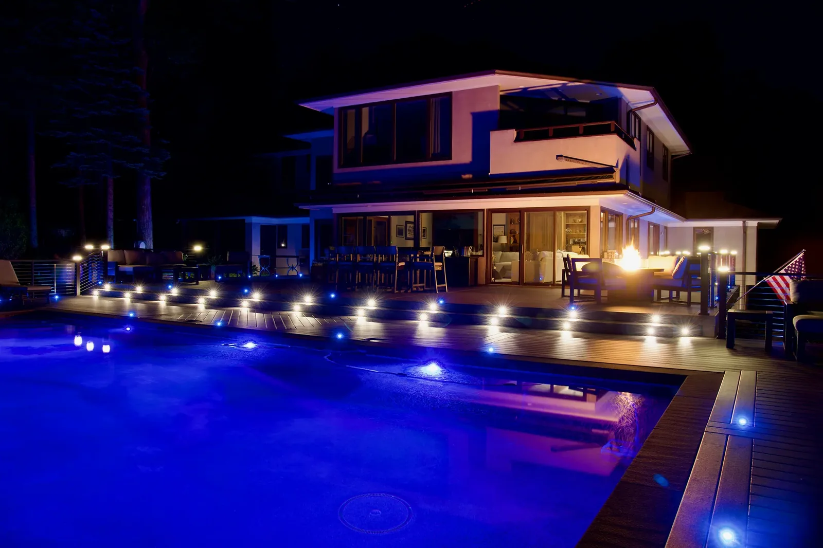 Haven full-color LED lighting on the deck after dark