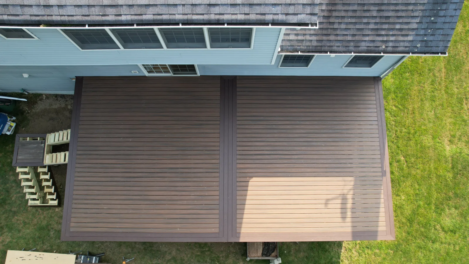 Drone top-down of two-tone Trex deck with picture-frame border in the Hudson Valley, NY