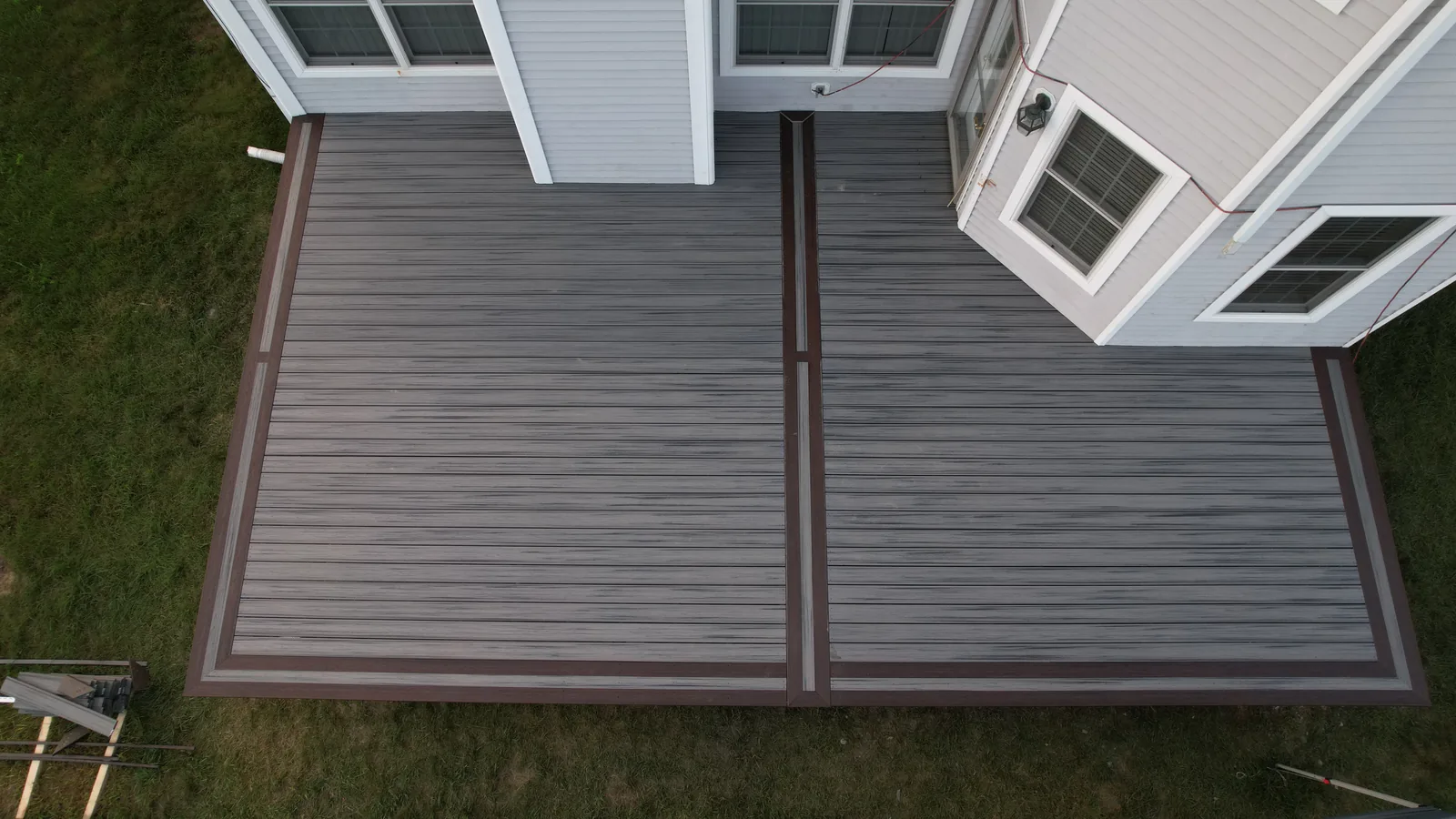 Drone aerial top-down of Trex composite deck with picture-frame border in Hopewell Junction, NY
