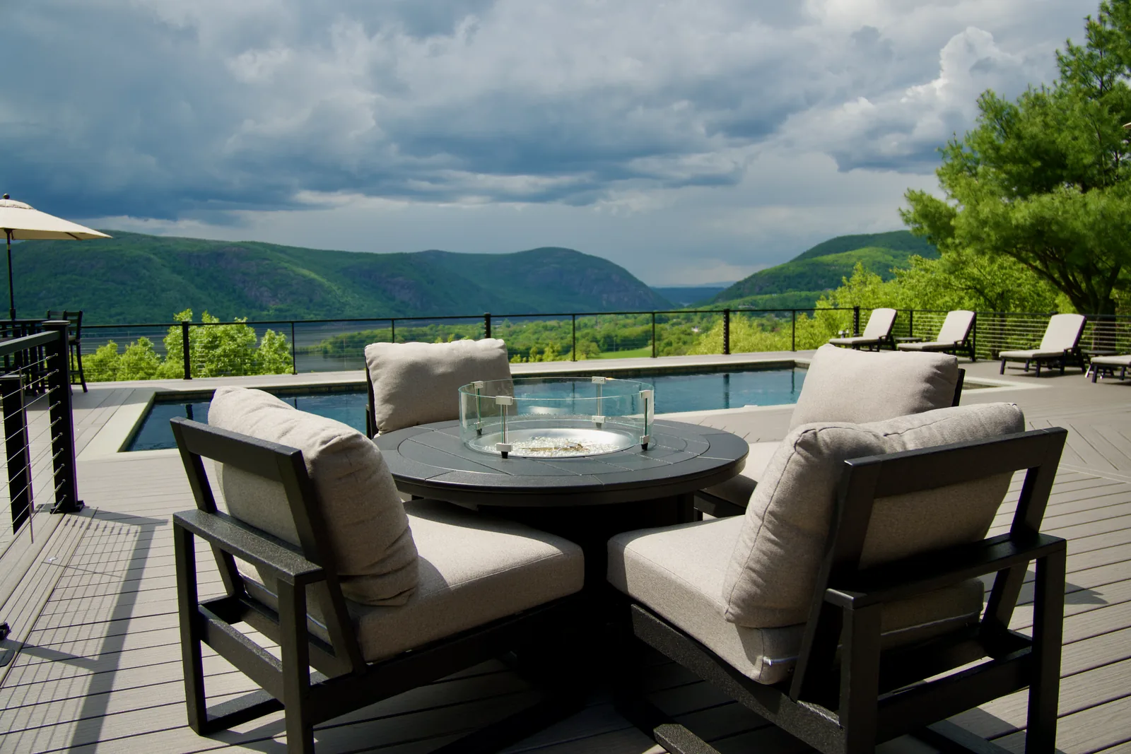 Fire table at dusk overlooking Hudson Highlands panorama in Garrison, NY