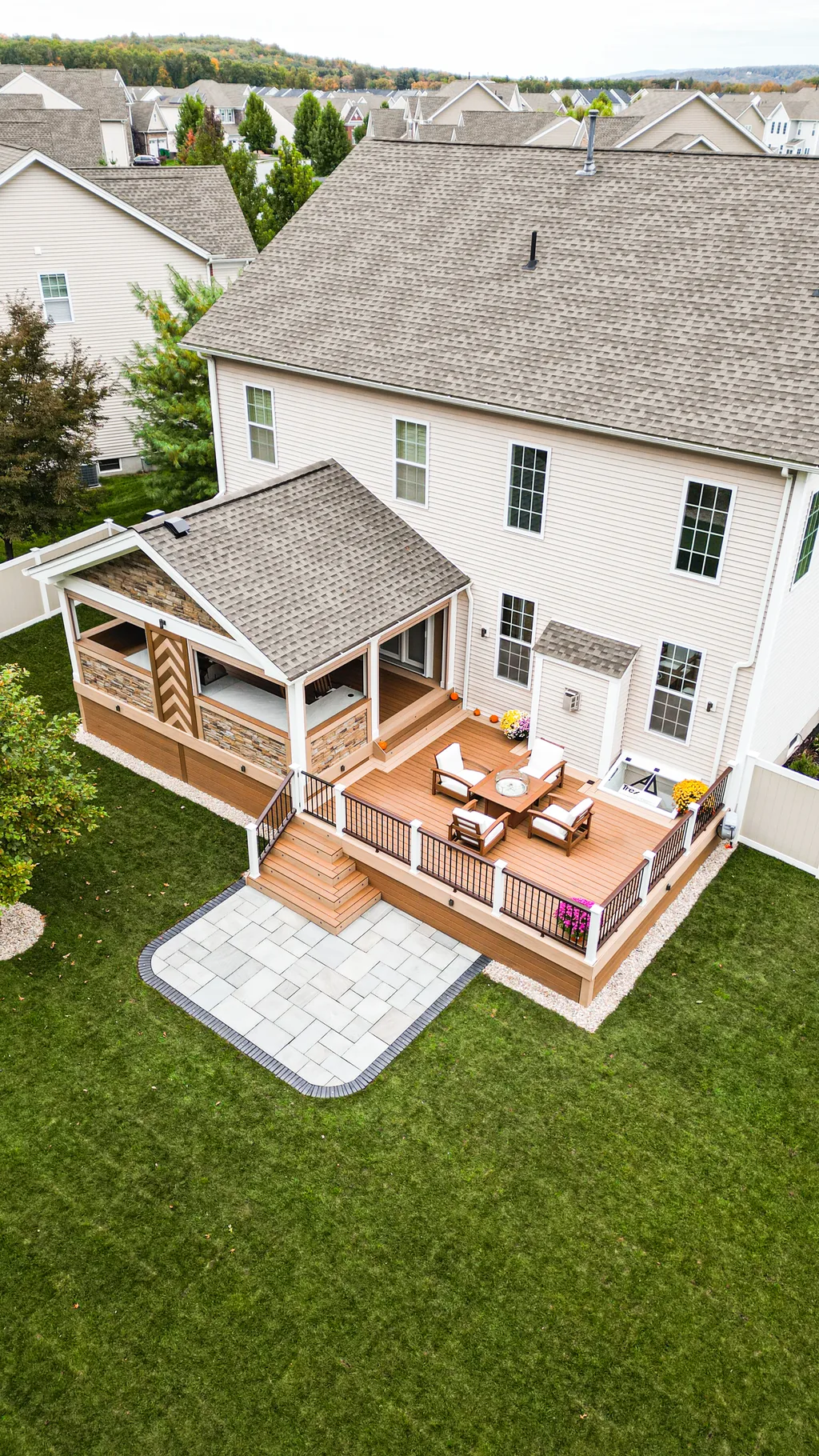 Aerial portfolio view of a finished Hudson Valley outdoor living estate