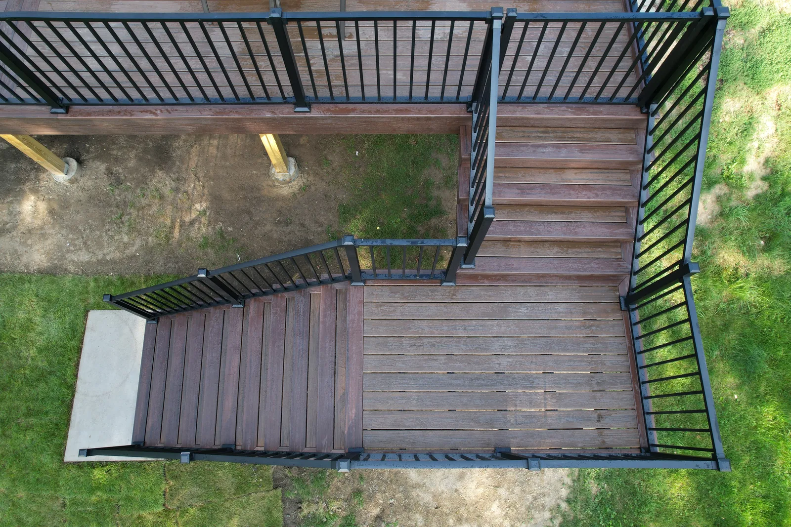 Overhead view of deck stairs and railing in the Hudson Valley, NY