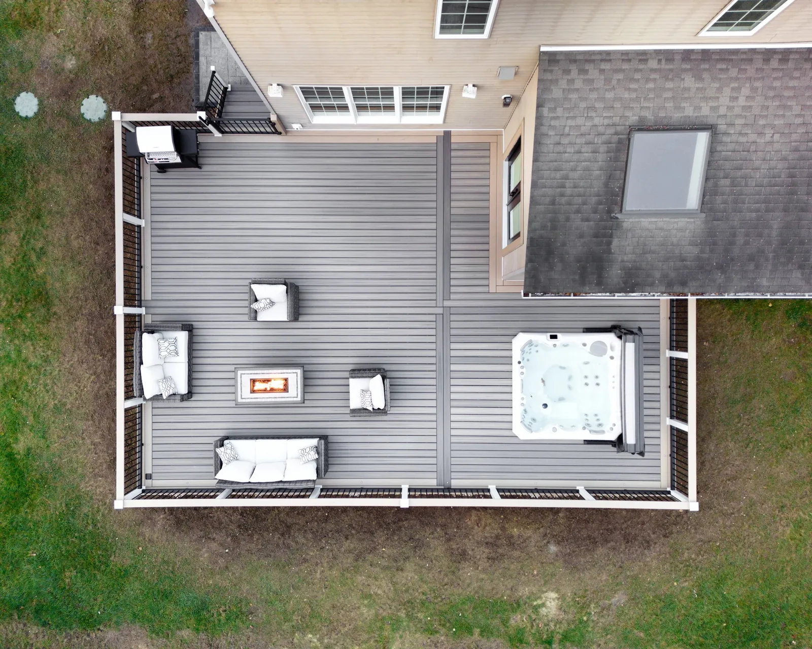 Overhead aerial of the retreat deck and hot tub