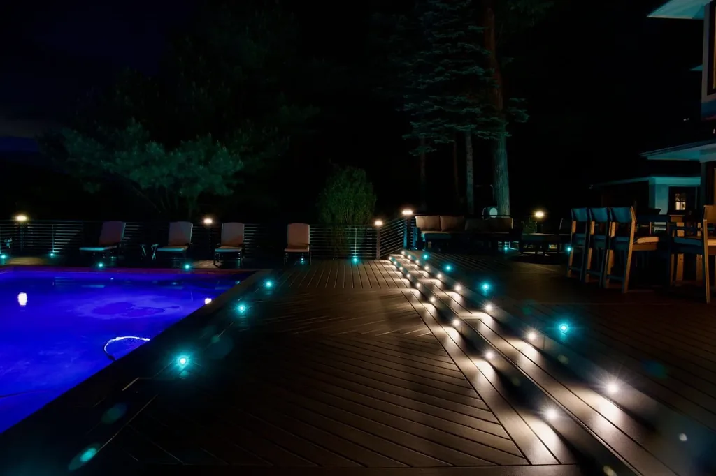 Night pool deck with blue-lit water, cable railing, and recessed deck lights