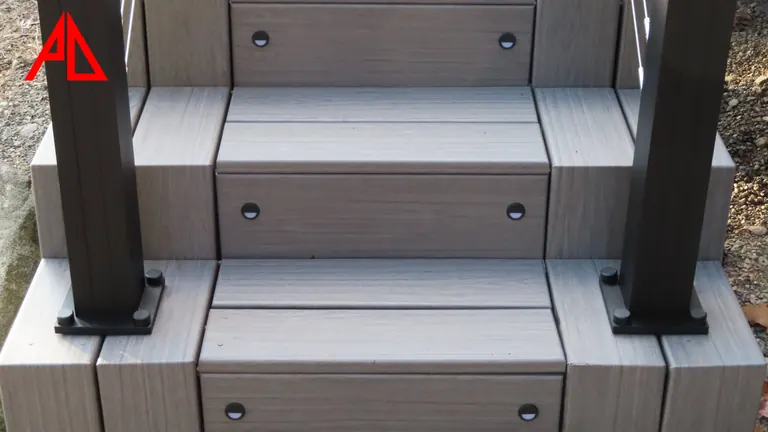 Composite stair treads and posts, close up