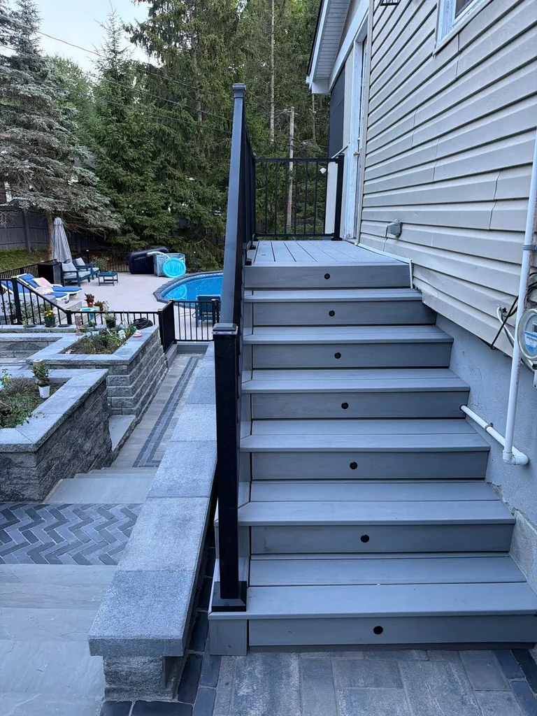 Detail of a stone staircase with paver treads, Rhinebeck, NY