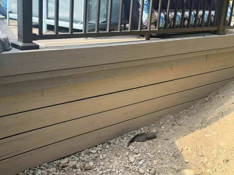 Close-up of composite deck board grain and stair railing against house siding