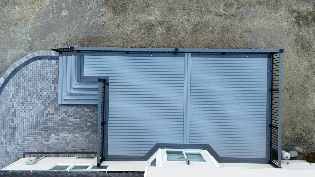 Aerial close-up of a slatted pergola-style privacy screen on a deck, Orange County, NY