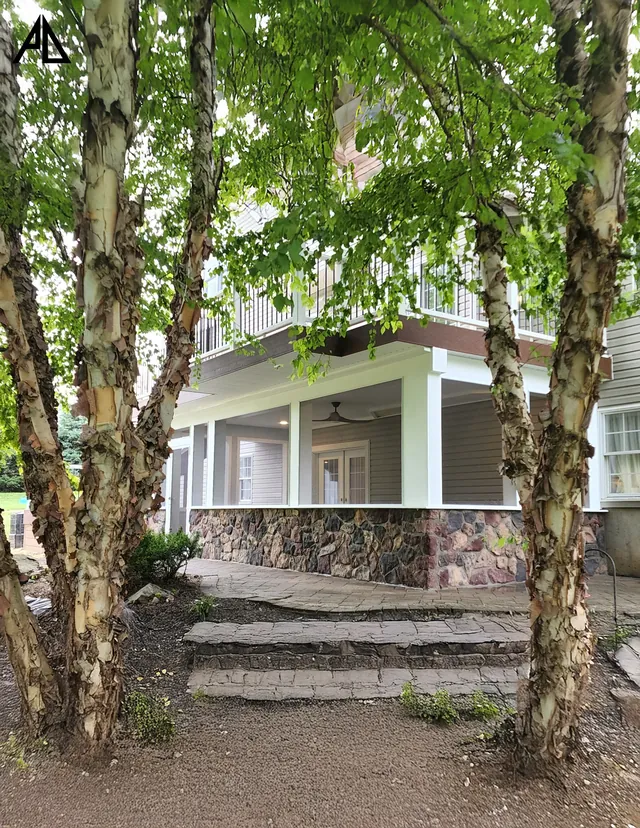 Covered porch with stone steps seen through birch trees