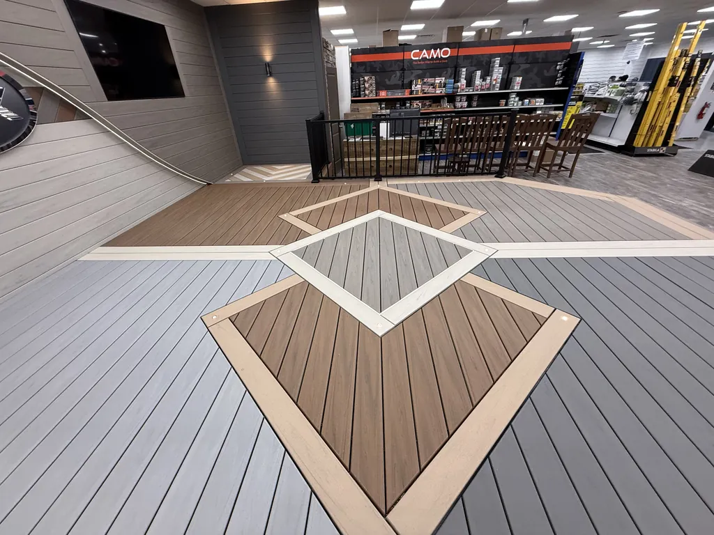 Showroom deck floor with a diamond inlay in contrasting composite boards